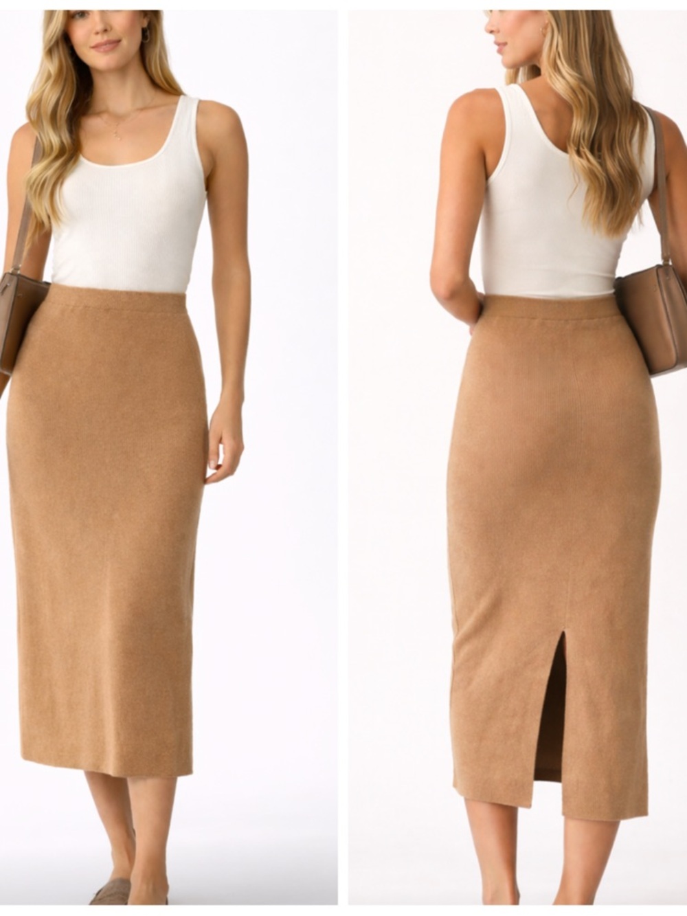 Jenni Kayne Camel Knit Midi Skirt Back Slit Quiet Luxury cashmere blend Size S
